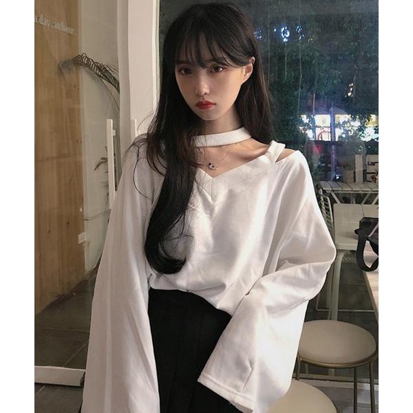 tシャツ スタイルアップ カットアウト ルーズ 肌見せ 変形 トップス 無地 ロンT シンプル 長袖...