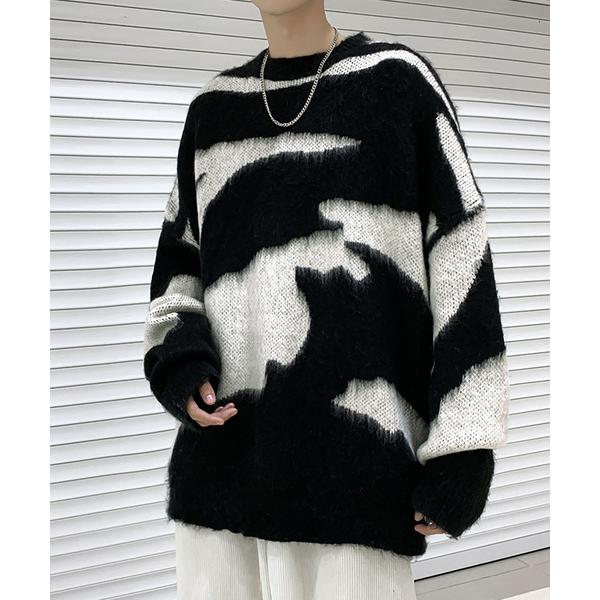 セーター ニット オーバーサイズ ニュアンス モノトーン モヘア ゼブラ調 ニット セーター メンズ...