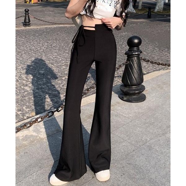 スラックス パンツ 「美シルエットでストレス無し♪」ウエストリボンデザインフレアパンツ レディース