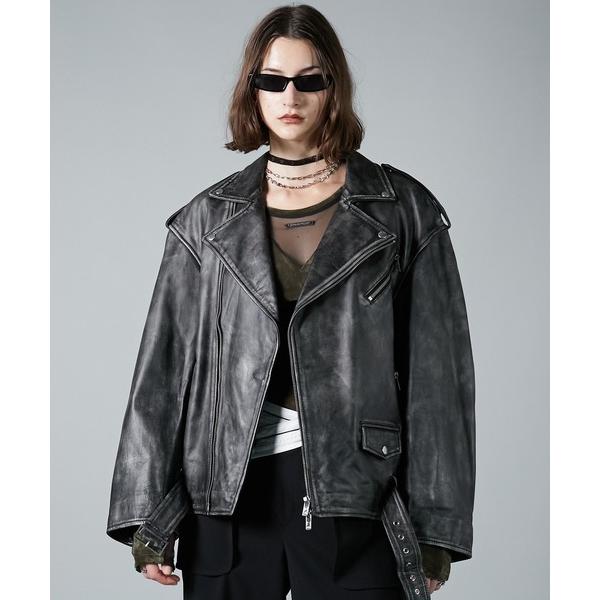 レザージャケット ライダース ラブオフCOWクラッシュレザーライダースジャケット / Rub Off...