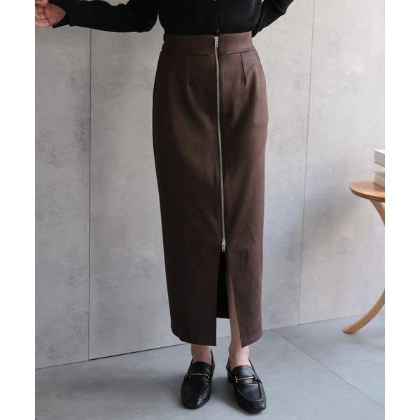 スカート ヴィンテージ風 フェイクレザーフロントジップ Iラインスカート/ナロースカート