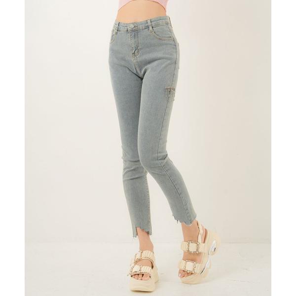 ジーンズ デニム デニムパンツ 脚ビジュー魅せストレッチスキニーデニムパンツ レディース