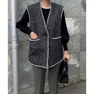 ベスト ジレ ヘリンボーンツイードロングベスト レディース