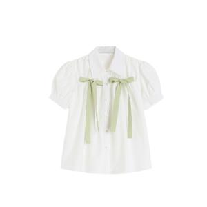 ブラウス シャツ Bow Tie Bubble Sleeves Shirt　パフスリーブリボンシャツ レディース