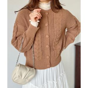 カーディガン ビッグボタンケーブル編みニットカーディガン レディース