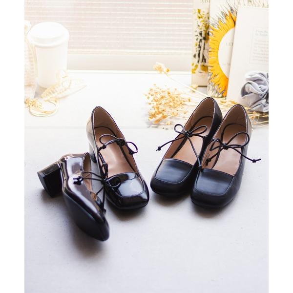 パンプス ブロックヒール スクエアトゥ メリージェーン / ストラップリボンパンプス