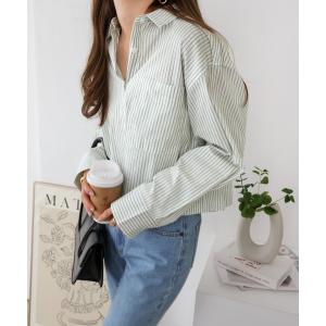 ブラウス シャツ クロップドストライプハイネックシャツ レディース