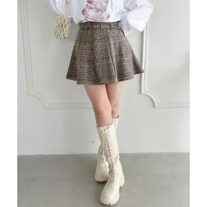 スカート ベルト付き起毛チェックフレアミニスカート