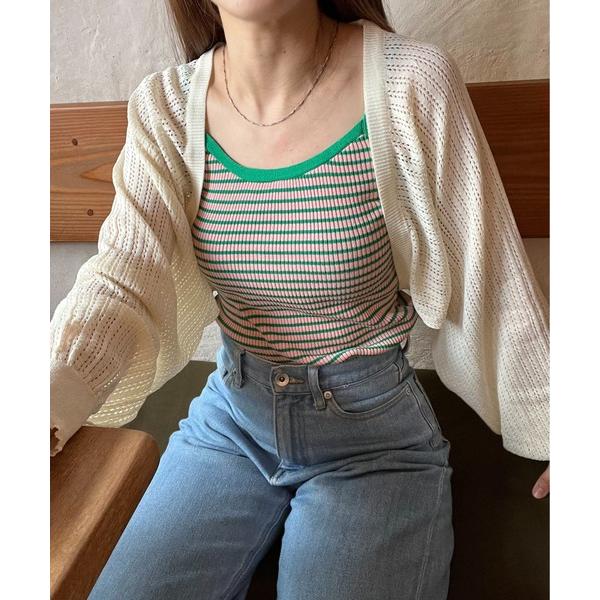 カーディガン ショート丈 透かし編みニット クロップドカーディガン レディース