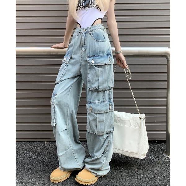 ワイドパンツ ジーンズ デニム デニムパンツ カーゴデザイン ウォッシュ加工 ロング ワイド デニム...