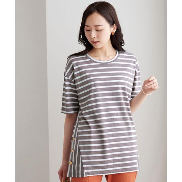 tシャツ サイドボタンボーダー切替プルオーバー レディース