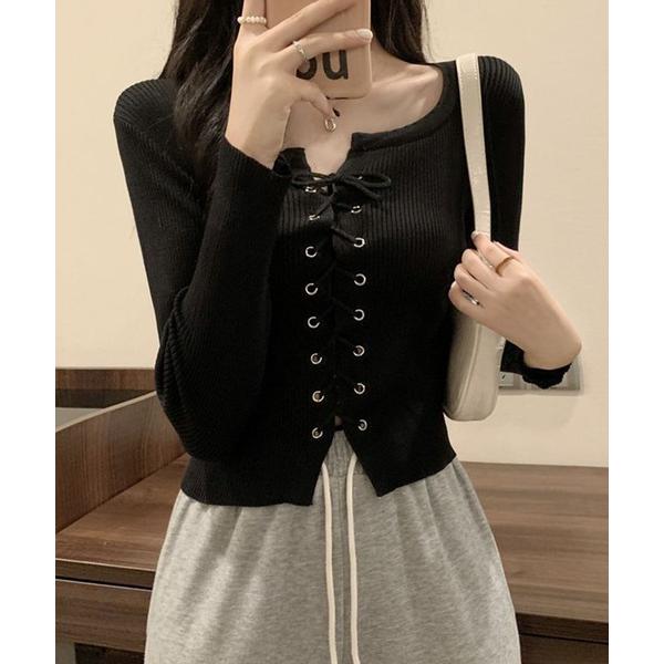 ニット セーター レースアップクロップド丈リブニットトップス レディース