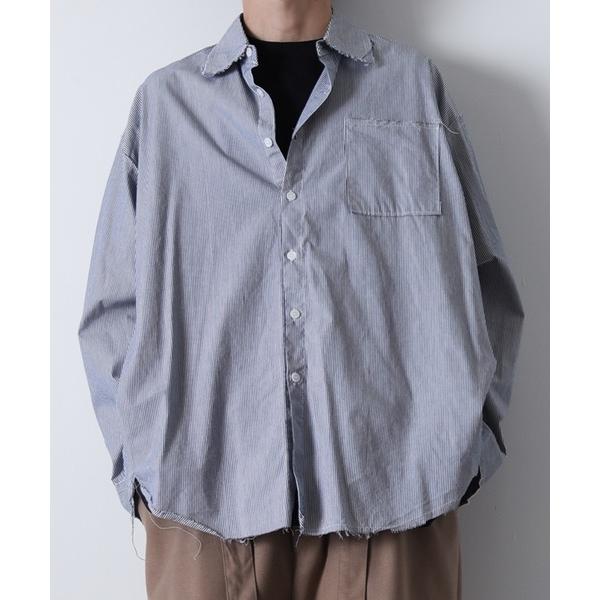 シャツ 2-7B37，39 ダメージワイドシャツ  ストライプ シャツ ワイドシルエット シャツ オ...
