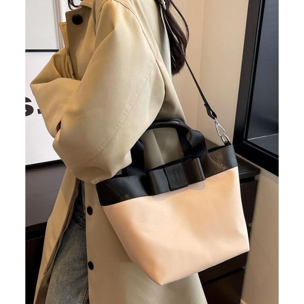 トートバッグ 「2WAY/3WAY」配色リボンが大人かわいいデイリーハンドバッグ/ショルダーバッグ ...