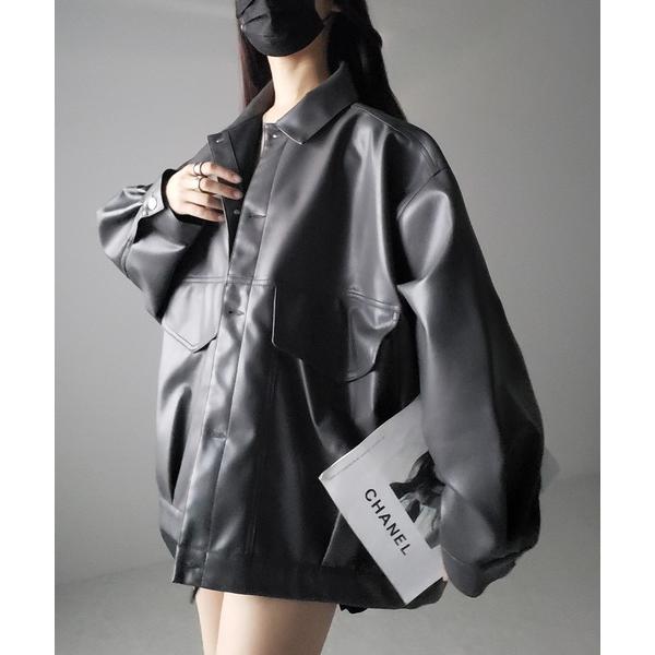 ブルゾン アウター 「 裾絞り可能２WAY 」ビッグシルエットボーイフレンドレザージャケット レディ...