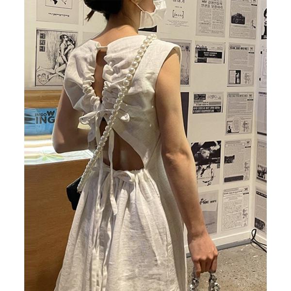 ワンピース バックオープンリボンノースリーブワンピース