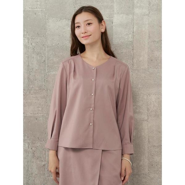 ブラウス シャツ 「お仕事OK」ダブルツイル　前明きブラウス　MIXビジューボタン　ピンク/カーキ ...