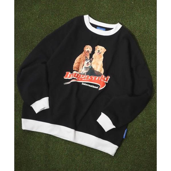 トレーナー スウェット 犬が世界を救うフォトプリント ＆ 別注 リンガーTシャツ風 犬ロゴプリント ...