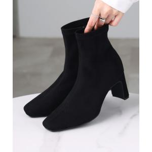 ブーツ スクエアトゥプレートヒールストレッチショートブーツ レディース