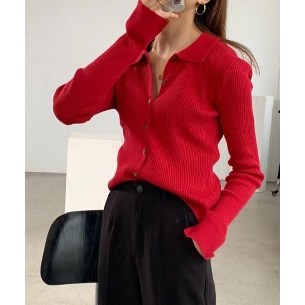 ニット セーター 衿付き前開きソフトリブニット レディース