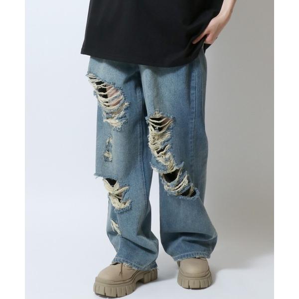 ジーンズ ハードダメージ ワイドストレート デニムパンツ オーバーダイ加工 ユニセックス メンズ レ...