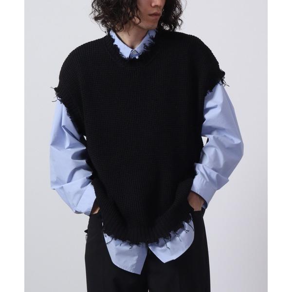 ベスト ジレ ダメージ加工ラーベン編みビッグシルエットベスト メンズ レディース