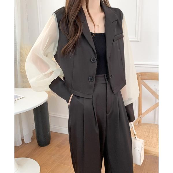 セットアップ 異素材シアースリーブショートテーラードジャケットセットアップ レディース