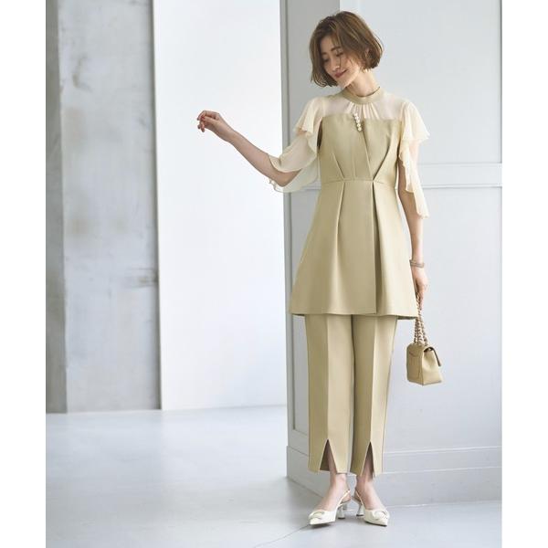 パンツドレス 「オケージョン対応」フロントパールエアリースリーブトップス ＆ スリットパンツドレス ...