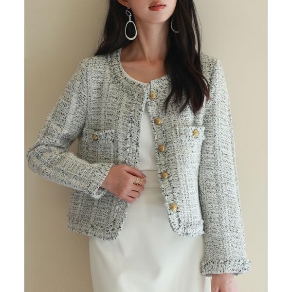 ジャケット ノーカラージャケット ミックス糸ツイードノーカラージャケット レディース