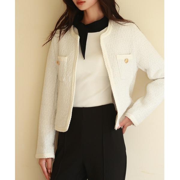 ジャケット ノーカラージャケット 凹凸ツイードノーカラージャケット レディース