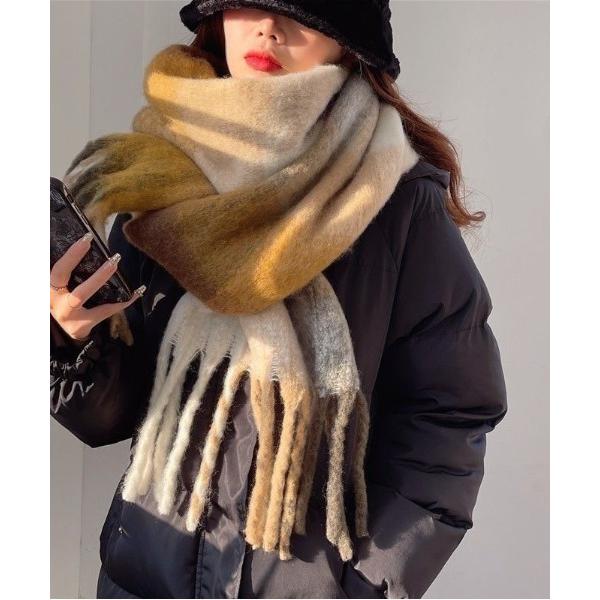 マフラー ストール チェックボリュームフリンジマフラー レディース