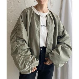 ブルゾン アウター ノーカラーボリューム袖シャーリングスリーブショートブルゾン レディース