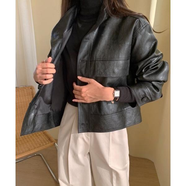 コート アウター スタンドカラーフェイクレザージャケット レディース