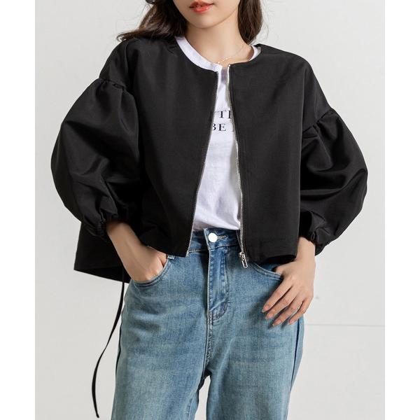 ブルゾン アウター 「ショート丈/シルエットが変わる紐付き」長袖ノーカラーバルーンスリーブブルゾン ...