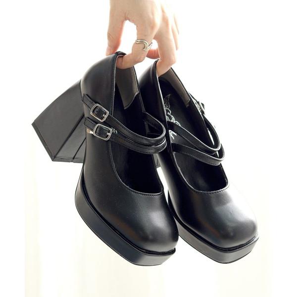 パンプス 厚底チャンキーヒールダブルメリージェーンパンプス