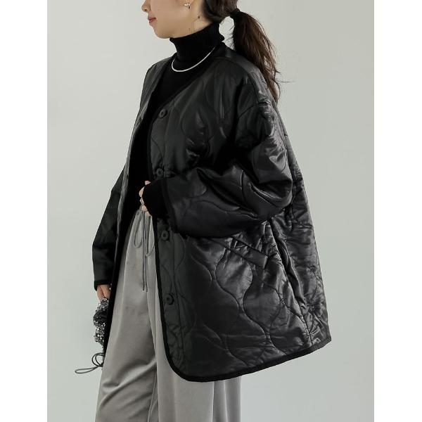 ジャケット ノーカラージャケット 「低身長サイズ有」フェイクレザーキルティングジャケット レディース