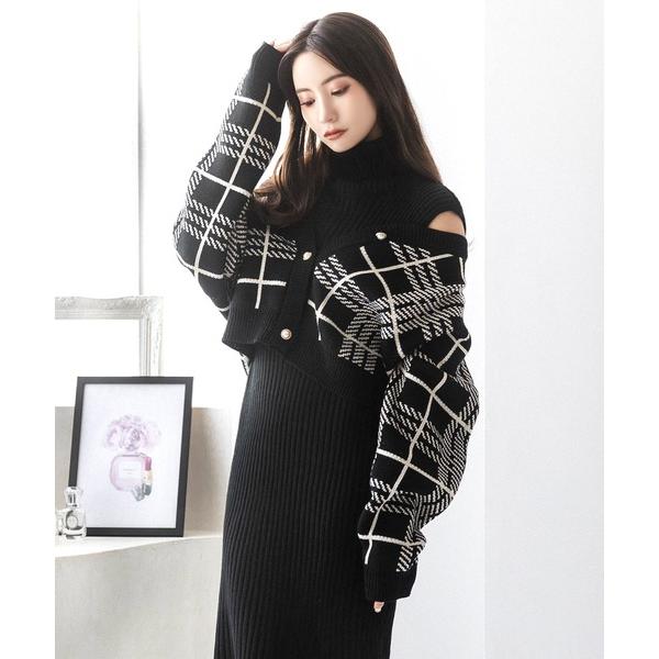 ワンピース チェック柄カーディガン×タートルネックニットワンピースセット