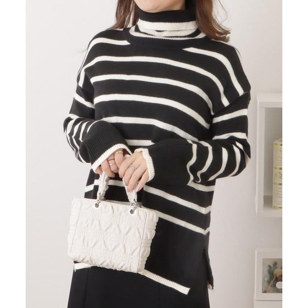ニット セーター ボーダー柄タートルネックニットプルオーバー レディース