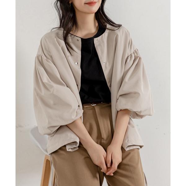 ブルゾン アウター 「ミドル丈/シルエットが変わる紐付き」長袖ノーカラーバルーンスリーブブルゾン レ...