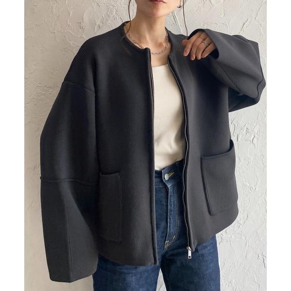ブルゾン アウター ボリュームスリーブ長袖ジップアップニットブルゾンカーディガン レディース
