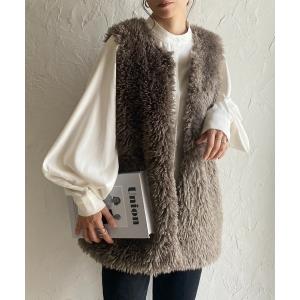 ベスト ジレ ノーカラーボリュームプードルファーベスト レディース