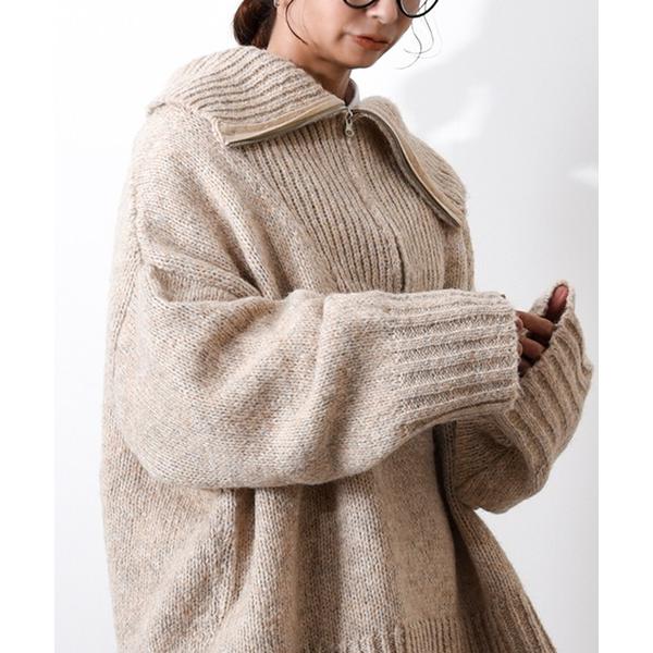 ニット セーター Z-2-SP 8E7 フロント ジップ アップ オーバーサイズ ニット ワイドシル...