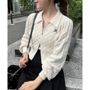 レディース ニット ダブルジップアップ/ワンポイント刺繍ニット