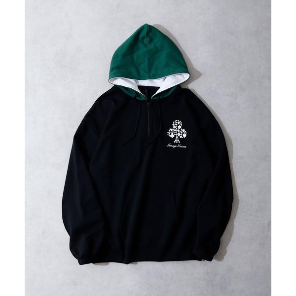 パーカー 裏毛 オーバルワッペン/フード配色 ハーフジップ フーディー メンズ レディース