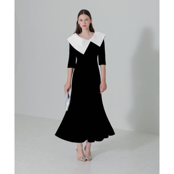 ドレス 「LEJA」配色アシンメトリービッグカラーベロアマーメイドシルエットドレスワンピース結婚式 ...