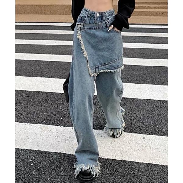 ワイドパンツ ジーンズ デニム デニムパンツ テーラードフリンジデニムパンツ レディース