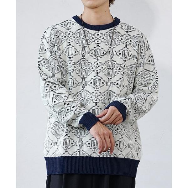 セーター ニット 「MinoriTY」透かしリンクス編みクルーネックニット セーター メンズ 秋服 ...