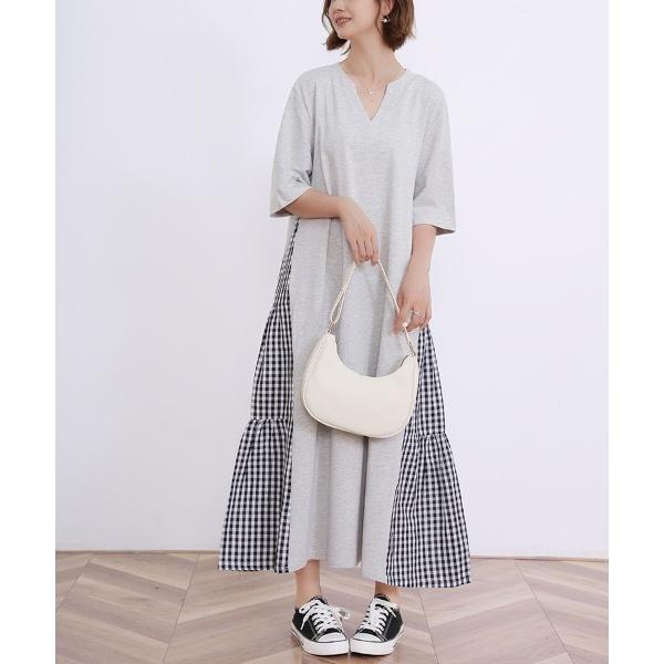 ワンピース バックスリット異素材mix半袖ワンピ