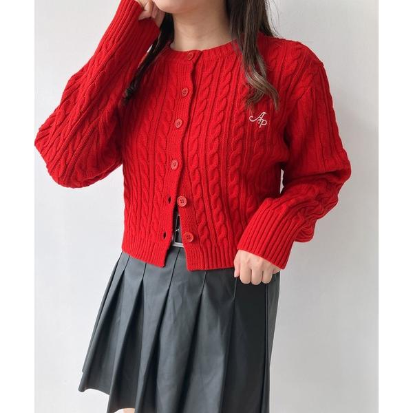 カーディガン ロゴ刺繍 ケーブル編みショートカーディガン レディース