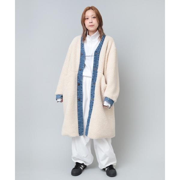 ノーカラーコート コート C0768 ボアコンビノーカラーコート レディース